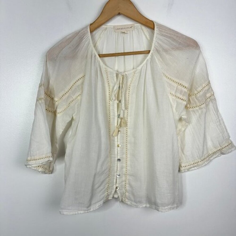 Lovestitch Elbow Sleeve Boho Button Down Bloe  Tie Tassle Neck